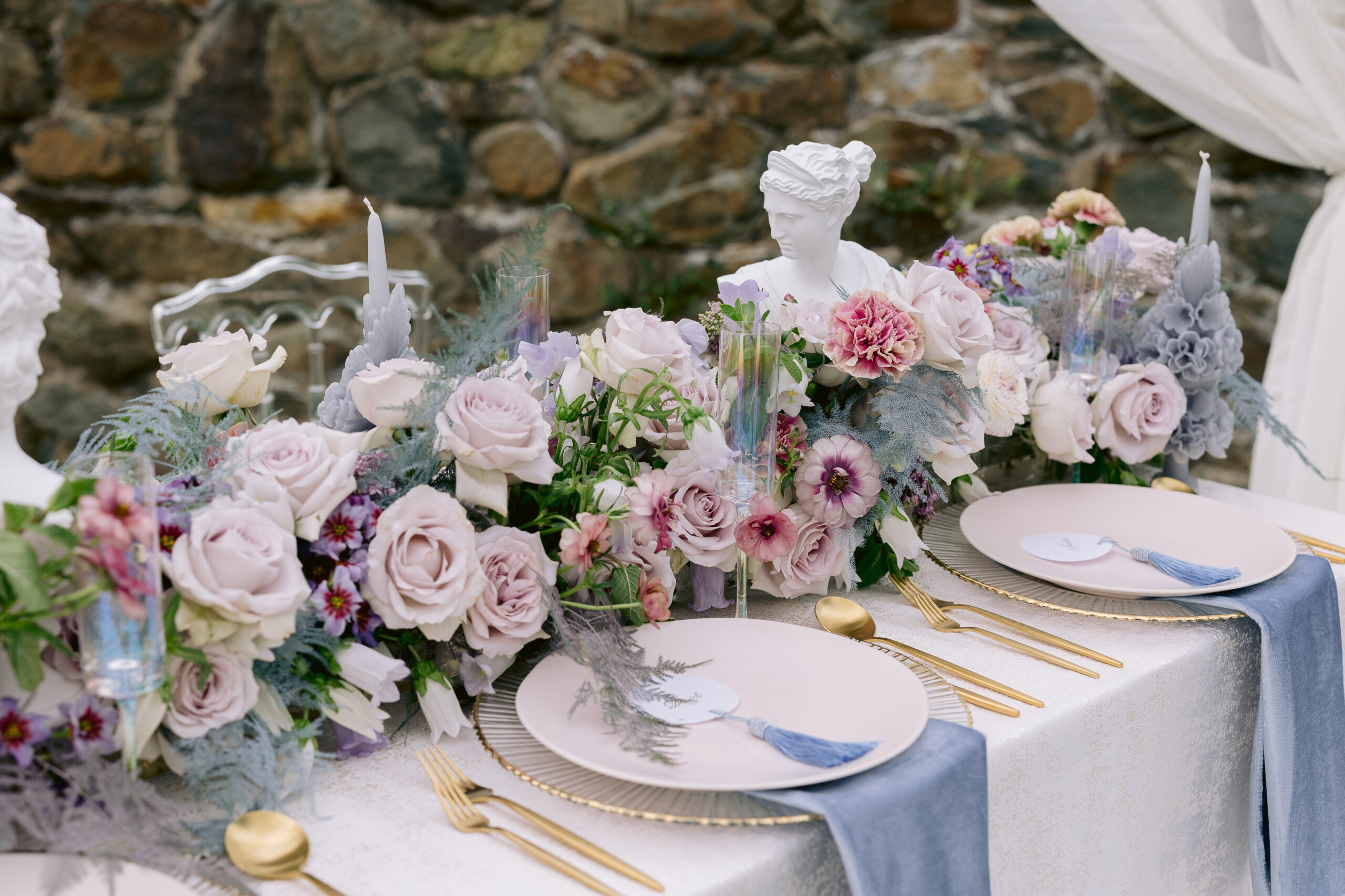 Tablescape with lush whimsical florals